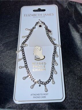 Elizabeth and James Silver Chain Phone Charm with White Pearl Drops, Brand new